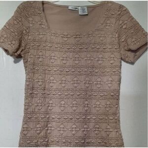 East 5th Shirt Ladies Medium‎ Tan Square Neck Short Sleeve Romantic Classic
